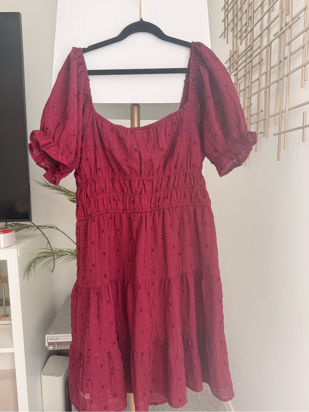 Wine Red Puff Sleeve Square Neck Dress